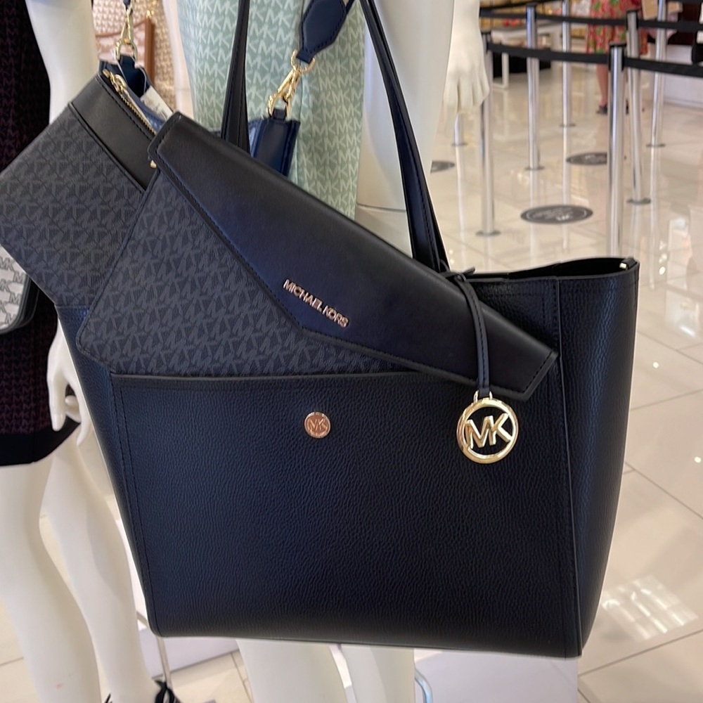 MICHAEL Maisie Large Pebbled Leather 3-in-1 Tote Bag BLACK / BLACK MULTI COLOR - Picture 3 of 16